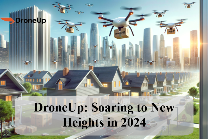 A futuristic cityscape with multiple drones flying in the sky, delivering packages to various buildings. In the foreground, a sleek, modern drone adorned with the DroneUp logo is seen delivering a package to a residential doorstep. The background features tall skyscrapers under a clear blue sky, symbolizing a bustling and technologically advanced city. The scene conveys efficiency, innovation, and environmental friendliness, depicting the future of drone delivery services.
