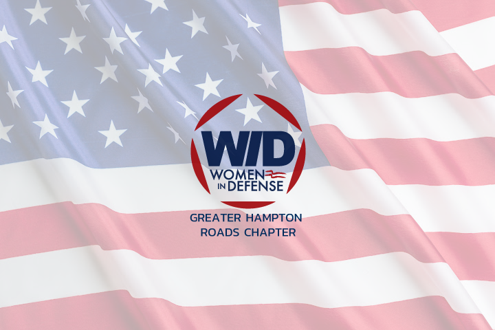 Logo of Women in Defense Greater Hampton Roads Chapter overlaid on a waving American flag.