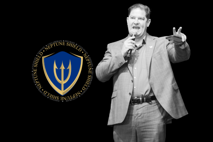 Nick Rocha of Neptune SHIELD with the Neptune SHIELD logo