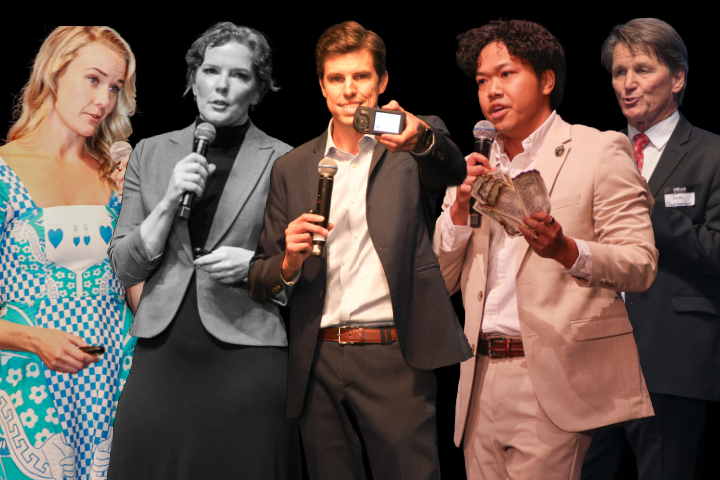 Five founders who previously participated in Virginia Cup stand on stage presenting their companies during the competition.