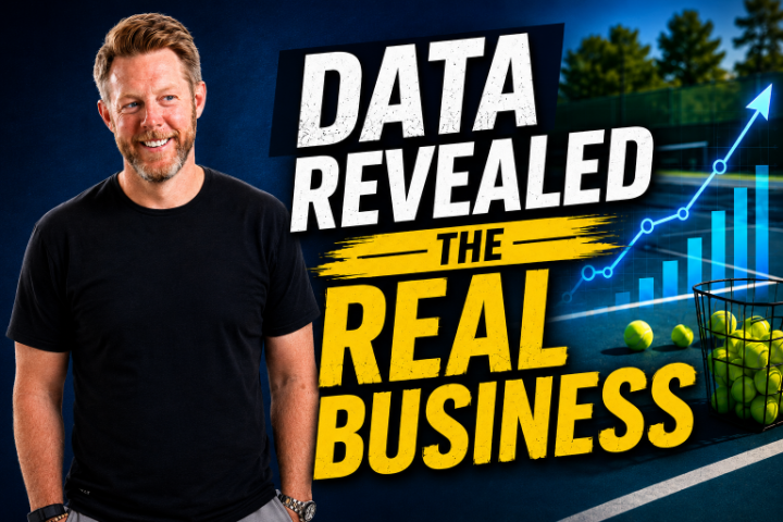 Scott Baxter of PlayYourCourt beside bold text reading “Data Revealed the Real Business,” with a tennis court and growth chart visuals in the background.
