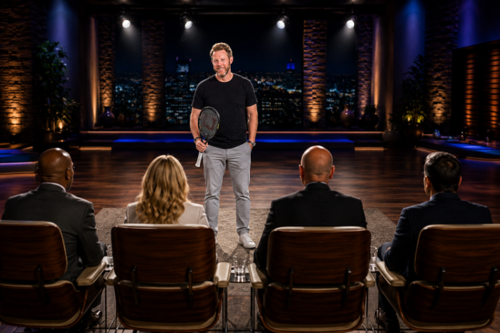 Illustration of PlayYourCourt founder Scott Baxter presenting to four investors in a Shark Tank-inspired pitch room while holding a tennis racket.