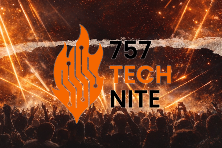 757 TechNite logo over a high-energy crowd surrounded by orange lights, sparks and flames.