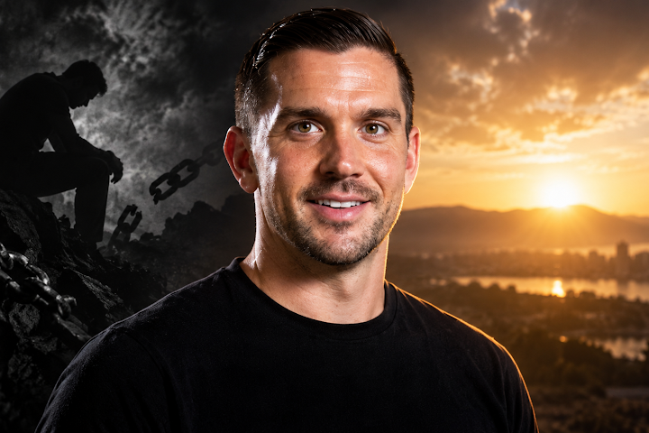 Greg Tomchick stands between a dark scene of struggle and broken chains and a bright sunrise, representing overcoming adversity and personal transformation.