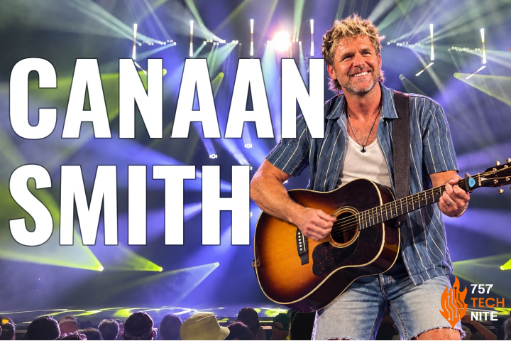 Canaan Smith plays acoustic guitar onstage beneath concert lights in a graphic announcing his performance at 757 TechNite.