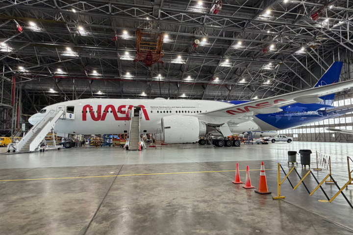 NASA Boeing 777 aircraft inside a hangar at NASA Langley Research Center in Hampton, Virginia.