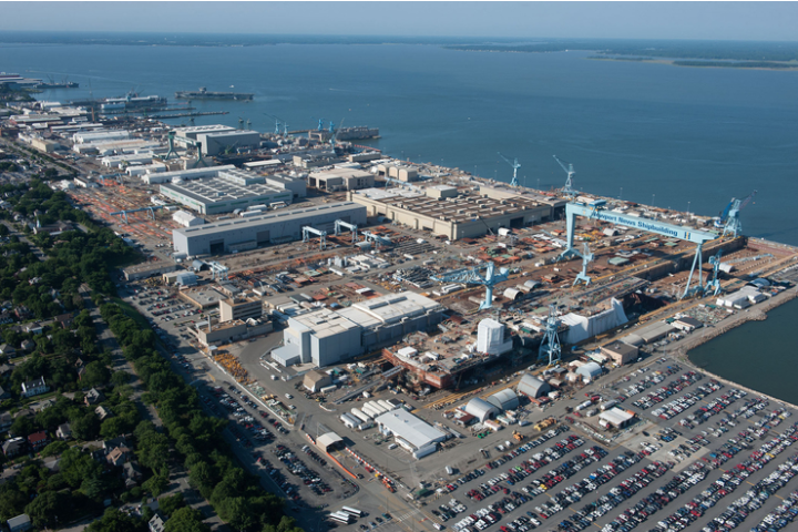 Aerial view of Newport News Shipbuilding along the James River, a major center for shipbuilding, workforce development and economic activity in Hampton Roads.