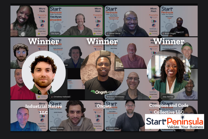 Winners of Start Peninsula's October 2026 Micro Pitch competition, representing Industrial Native, Ongati and Compass & Code Collective, alongside screenshots of participants and judges.
