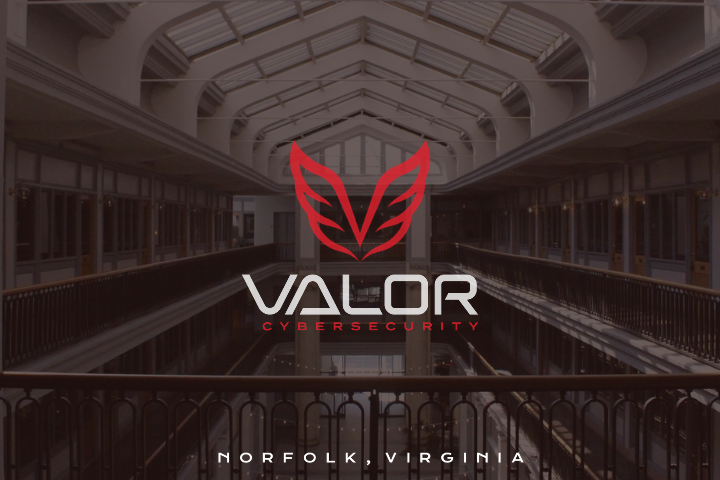 Valor Cybersecurity logo displayed over the interior of Monticello Arcade in downtown Norfolk, Virginia.